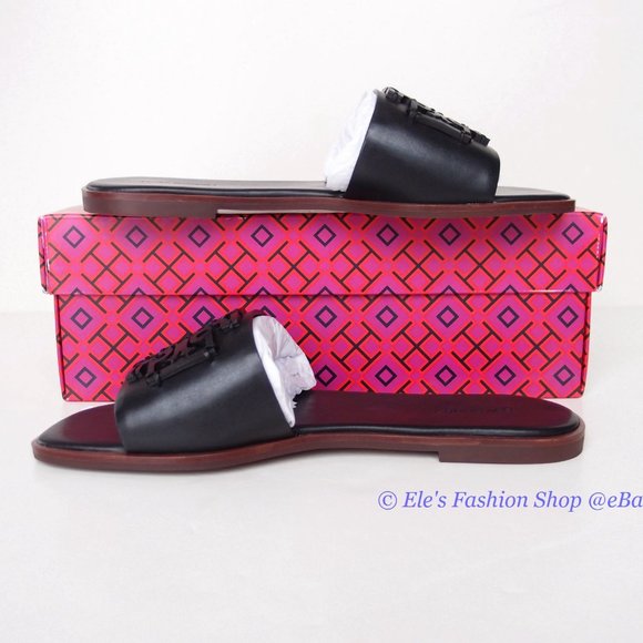 ❤️ NIB Tory Burch Ines Logo Slide Leather Sandal BLACK US 6.5 7.5 8.5 9 9.5 10 - Picture 10 of 14